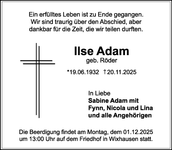 Traueranzeige von Ilse Adam von Darmstädter Echo