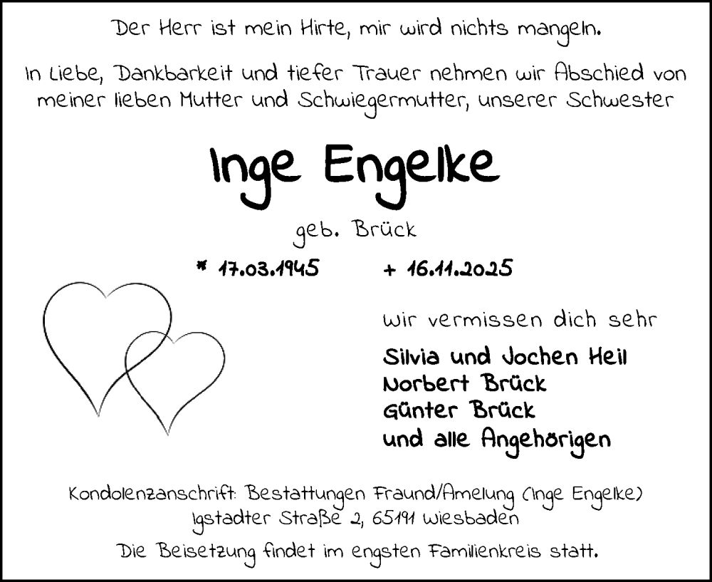  Traueranzeige für Inge Engelke vom 22.11.2025 aus Wiesbadener Kurier