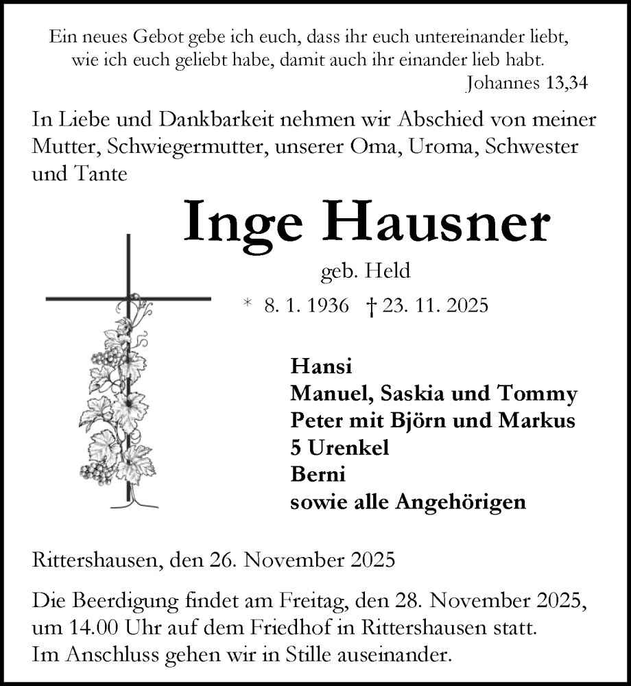  Traueranzeige für Inge Hausner vom 26.11.2025 aus Dill Block