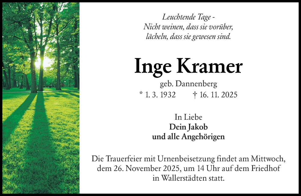  Traueranzeige für Inge Kramer vom 22.11.2025 aus Groß-Gerauer Echo