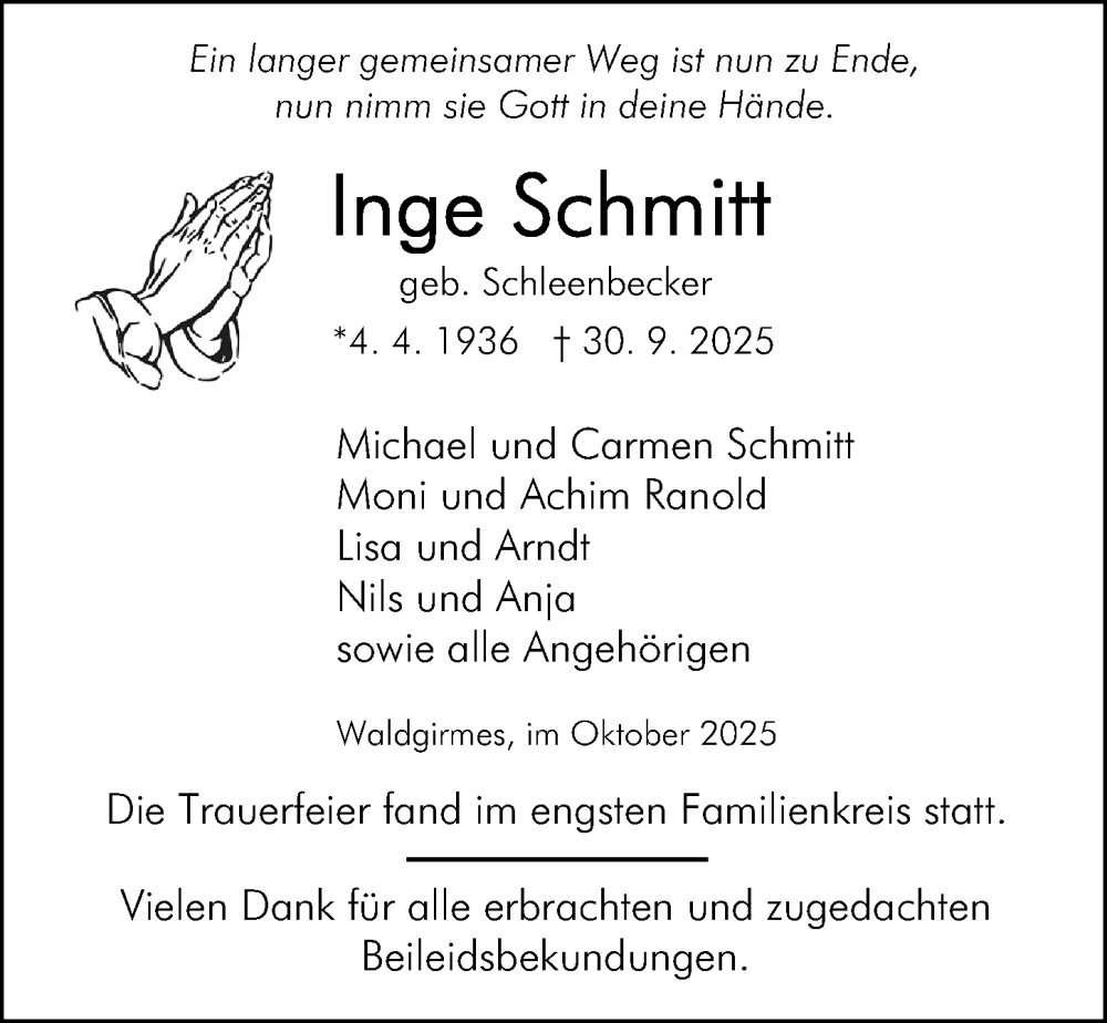  Traueranzeige für Inge Schmitt vom 11.10.2025 aus Wetzlarer Neue Zeitung