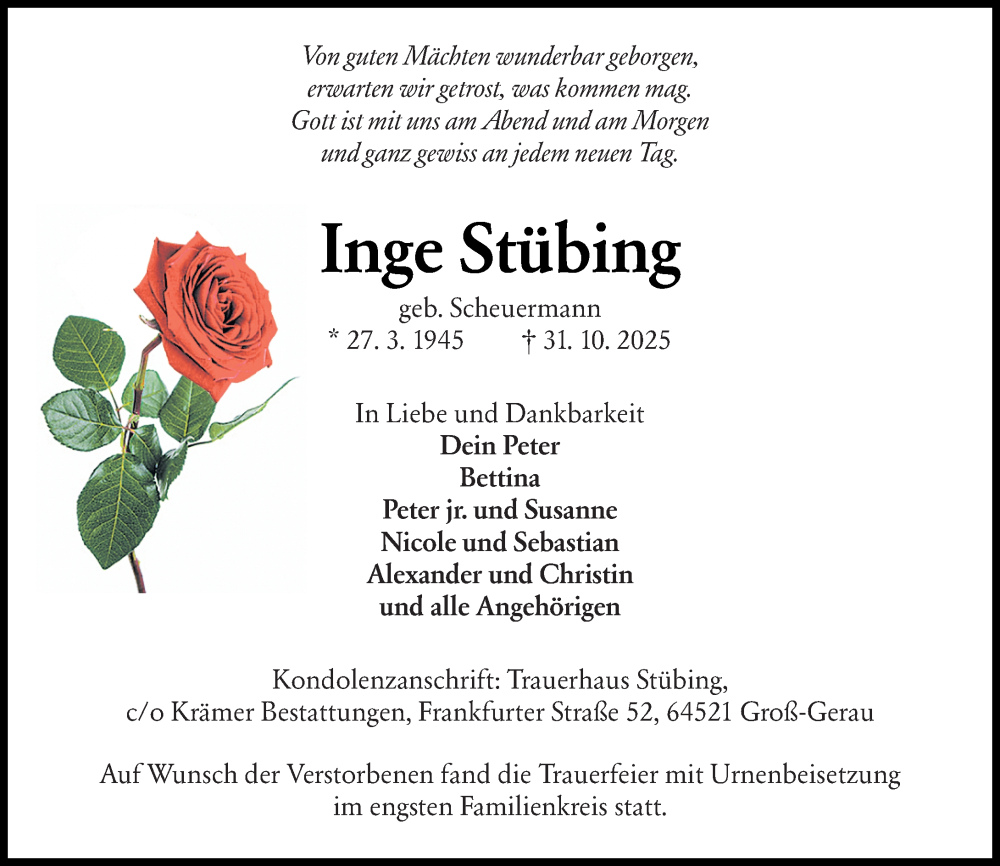  Traueranzeige für Inge Stübing vom 15.11.2025 aus Groß-Gerauer Echo