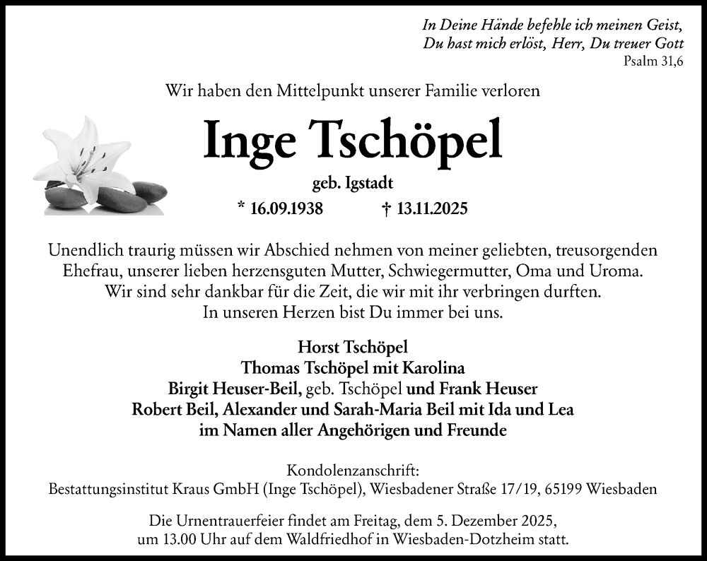  Traueranzeige für Inge Tschöpel vom 29.11.2025 aus Wiesbadener Kurier