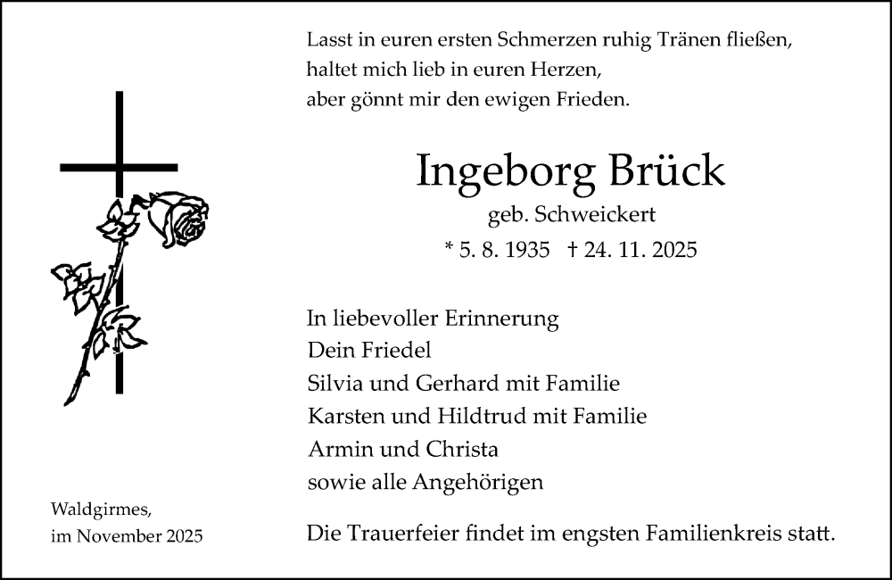  Traueranzeige für Ingeborg Brück vom 29.11.2025 aus Wetzlarer Neue Zeitung