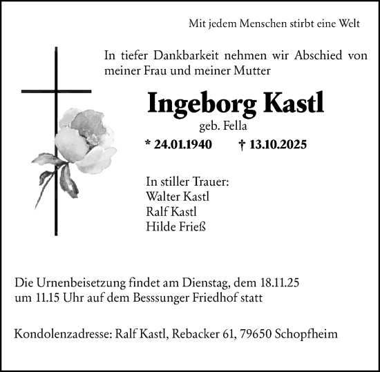 Traueranzeige von Ingeborg Kastl von Darmstädter Echo