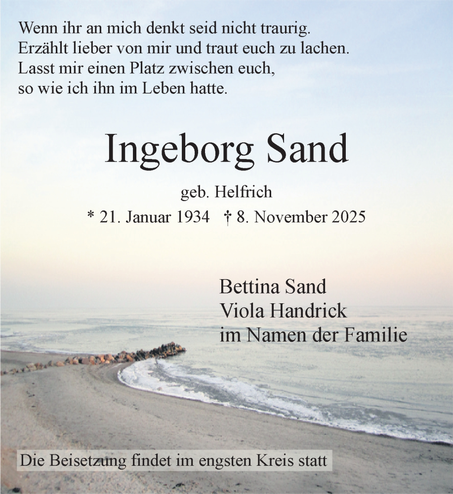  Traueranzeige für Ingeborg Sand vom 29.11.2025 aus Wiesbadener Kurier