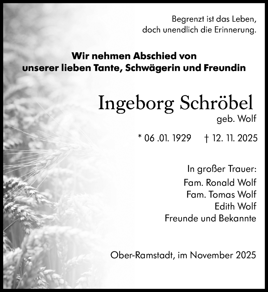  Traueranzeige für Ingeborg Schröbel vom 29.11.2025 aus Darmstädter Echo