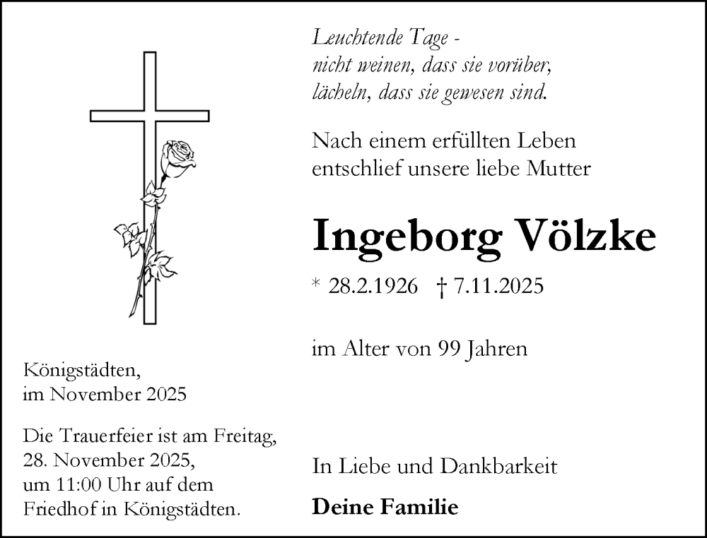  Traueranzeige für Ingeborg Völzke vom 22.11.2025 aus Rüsselsheimer Echo
