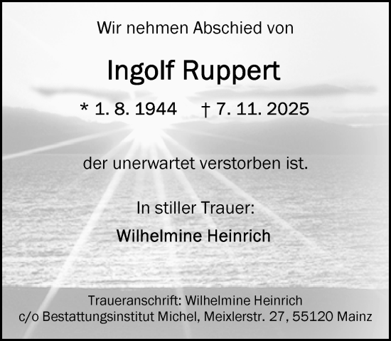Traueranzeige von Ingolf Ruppert von Allgemeine Zeitung Mainz