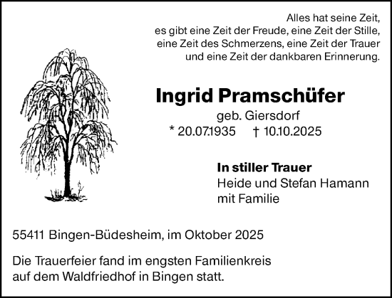 Traueranzeige von Ingrid Pramschüfer von Binger-/Ingelheimer Wochenblatt