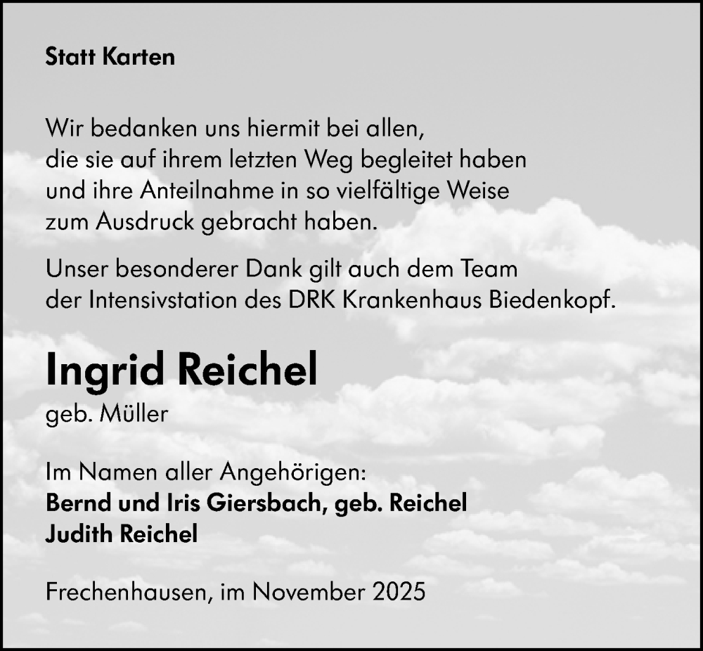  Traueranzeige für Ingrid Reichel vom 29.11.2025 aus Hinterländer Anzeiger
