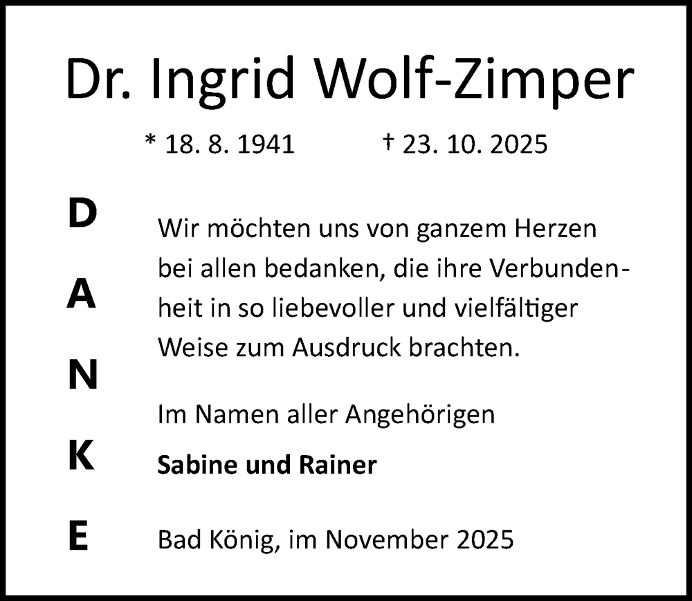  Traueranzeige für Ingrid Wolf-Zimper vom 22.11.2025 aus Odenwälder Echo