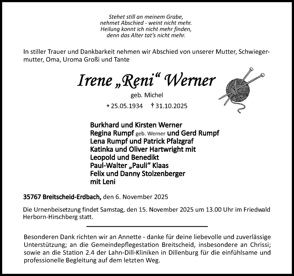  Traueranzeige für Irene Werner vom 06.11.2025 aus Dill Block