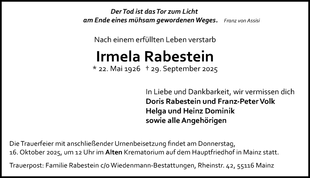  Traueranzeige für Irmela Rabestein vom 11.10.2025 aus Allgemeine Zeitung Mainz