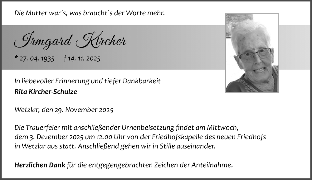  Traueranzeige für Irmgard Kircher vom 29.11.2025 aus Wetzlarer Neue Zeitung