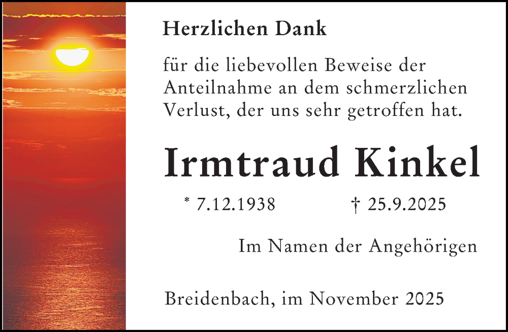  Traueranzeige für Irmtraud Kinkel vom 08.11.2025 aus Hinterländer Anzeiger