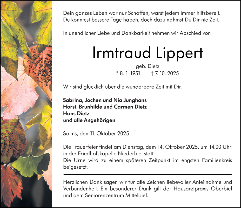  Traueranzeige für Irmtraud Lippert vom 11.10.2025 aus Wetzlarer Neue Zeitung