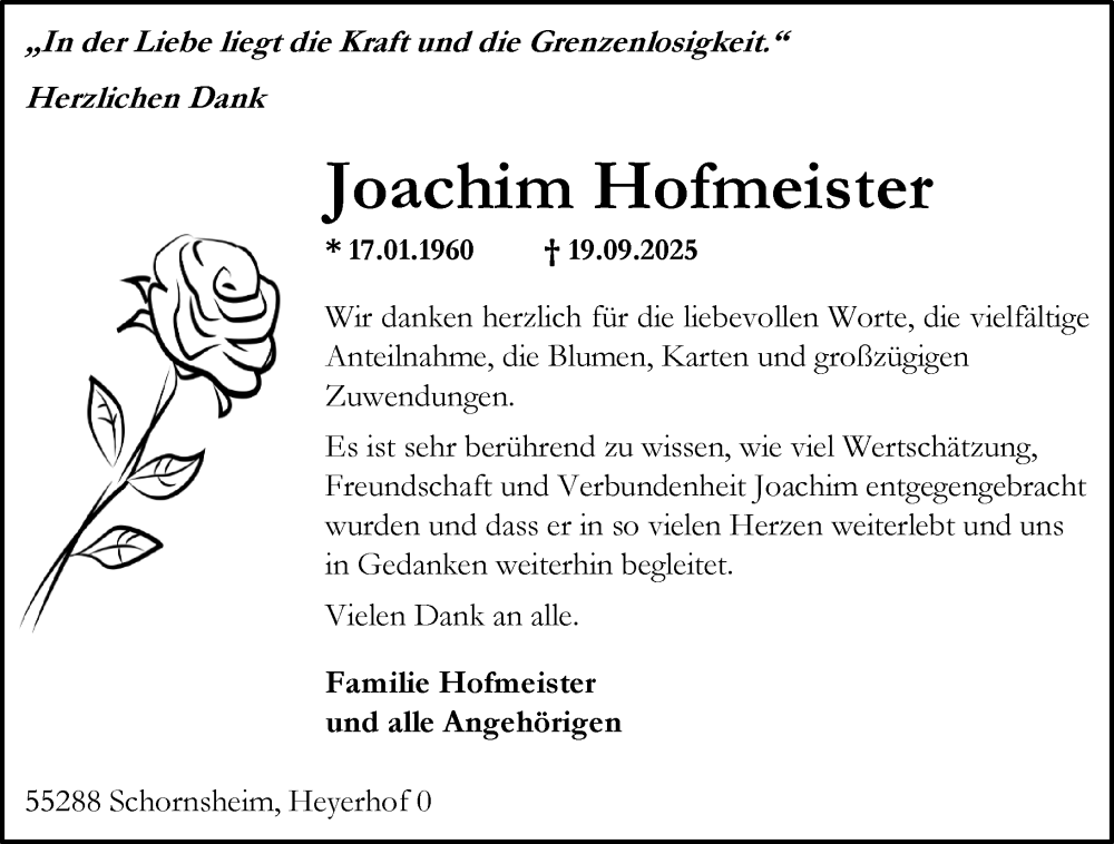  Traueranzeige für Joachim Hofmeister vom 11.10.2025 aus Allgemeine Zeitung Alzey