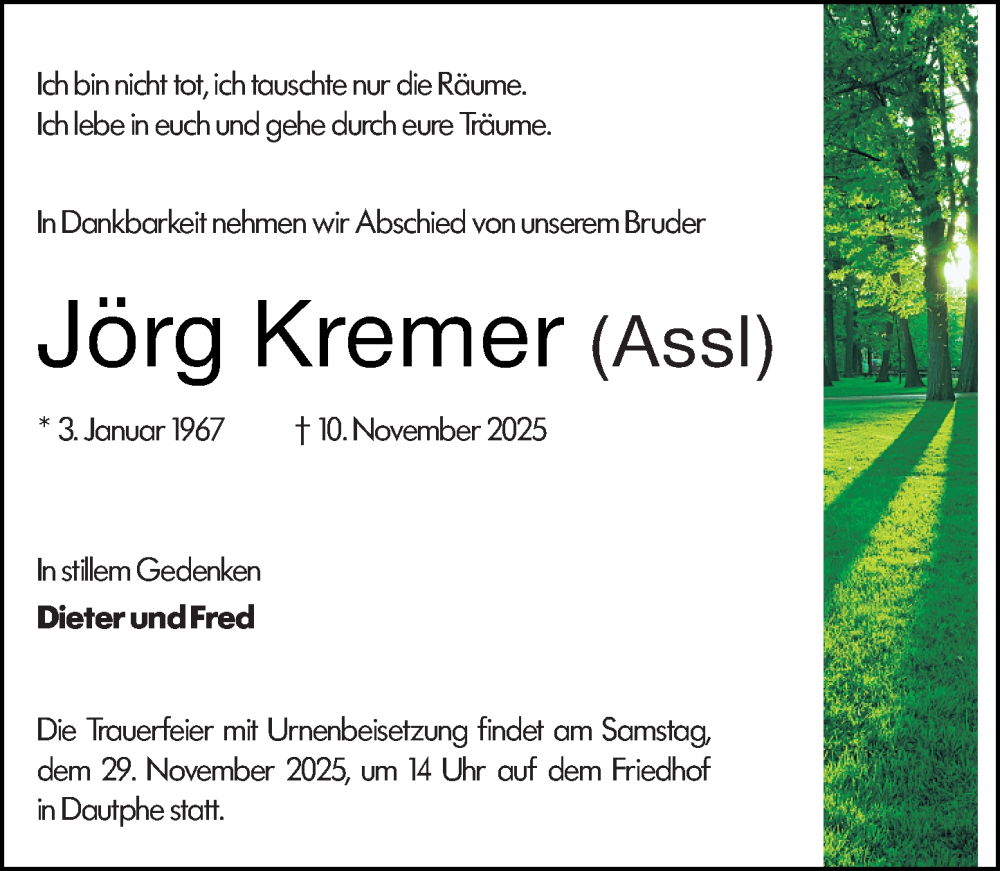  Traueranzeige für Jörg Kremer vom 22.11.2025 aus Hinterländer Anzeiger