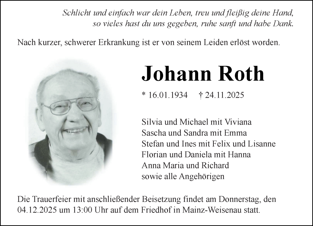  Traueranzeige für Johann Roth vom 29.11.2025 aus Allgemeine Zeitung Mainz