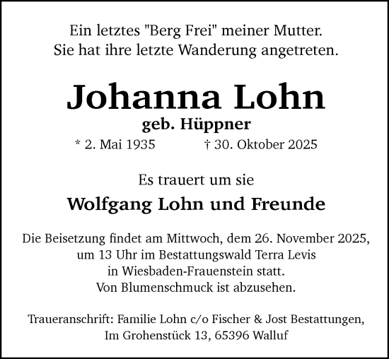 Traueranzeige von Johanna Lohn von Wiesbadener Kurier