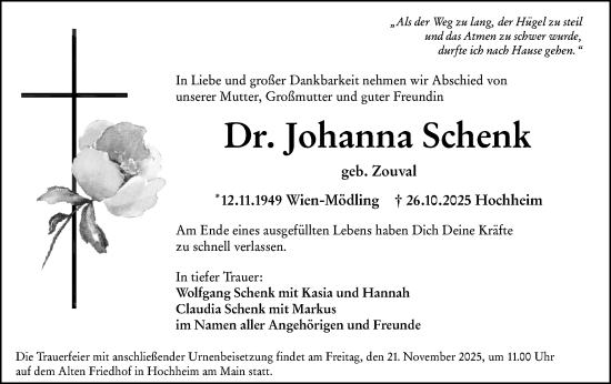 Traueranzeige von Johanna Schenk von Wiesbadener Kurier