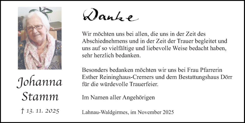  Traueranzeige für Johanna Stamm vom 29.11.2025 aus Wetzlarer Neue Zeitung