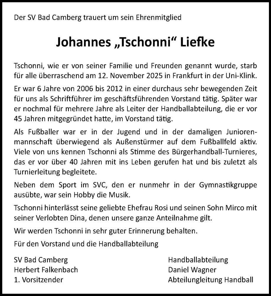  Traueranzeige für Johannes Liefke vom 27.11.2025 aus Camberger Anzeiger