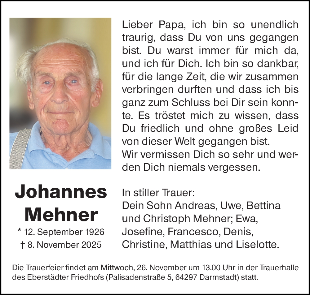  Traueranzeige für Johannes Mehner vom 22.11.2025 aus Darmstädter Echo