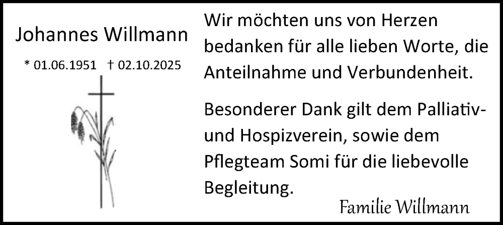  Traueranzeige für Johannes Willmann vom 15.11.2025 aus Darmstädter Echo