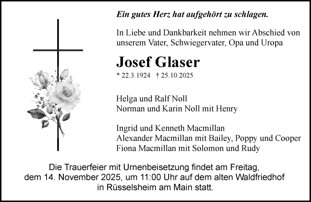  Traueranzeige für Josef Glaser vom 08.11.2025 aus Rüsselsheimer Echo