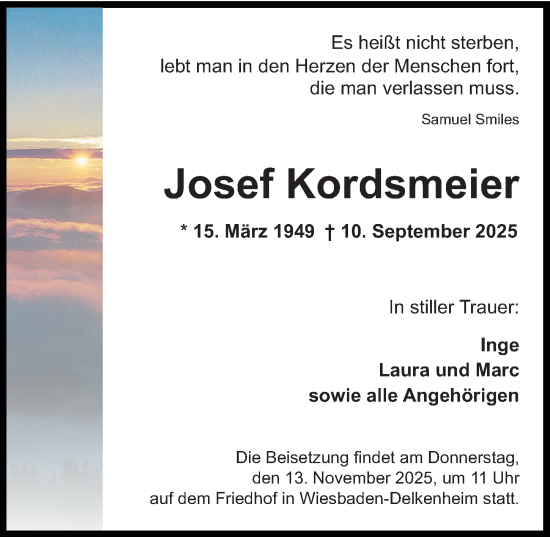 Traueranzeige von Josef Kordsmeier von Wiesbadener Kurier