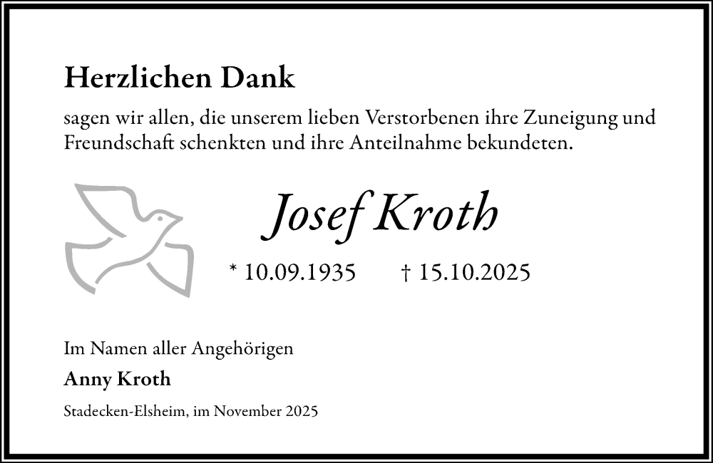  Traueranzeige für Josef Kroth vom 29.11.2025 aus Allgemeine Zeitung Mainz