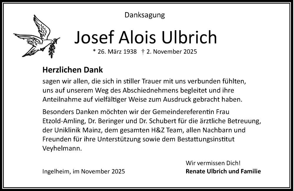  Traueranzeige für Josef Alois Ulbrich vom 29.11.2025 aus Allgemeine Zeitung Rheinhessen-Nahe
