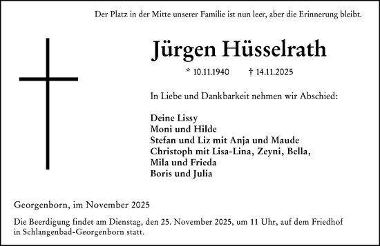 Traueranzeige von Jürgen Hüsselrath von Wiesbadener Kurier