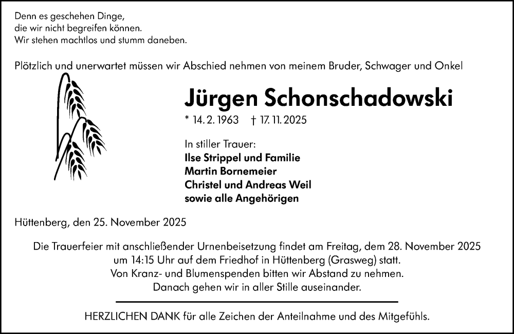  Traueranzeige für Jürgen Schonschadowski vom 25.11.2025 aus Wetzlarer Neue Zeitung