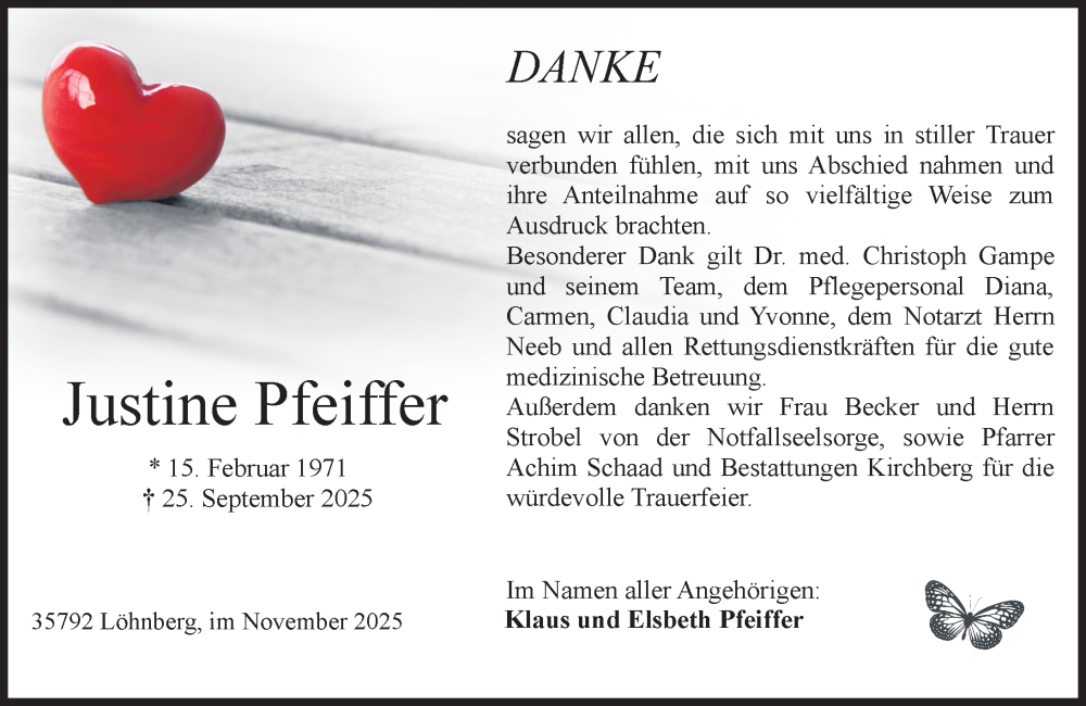  Traueranzeige für Justine Pfeiffer vom 08.11.2025 aus Weilburger Tageblatt