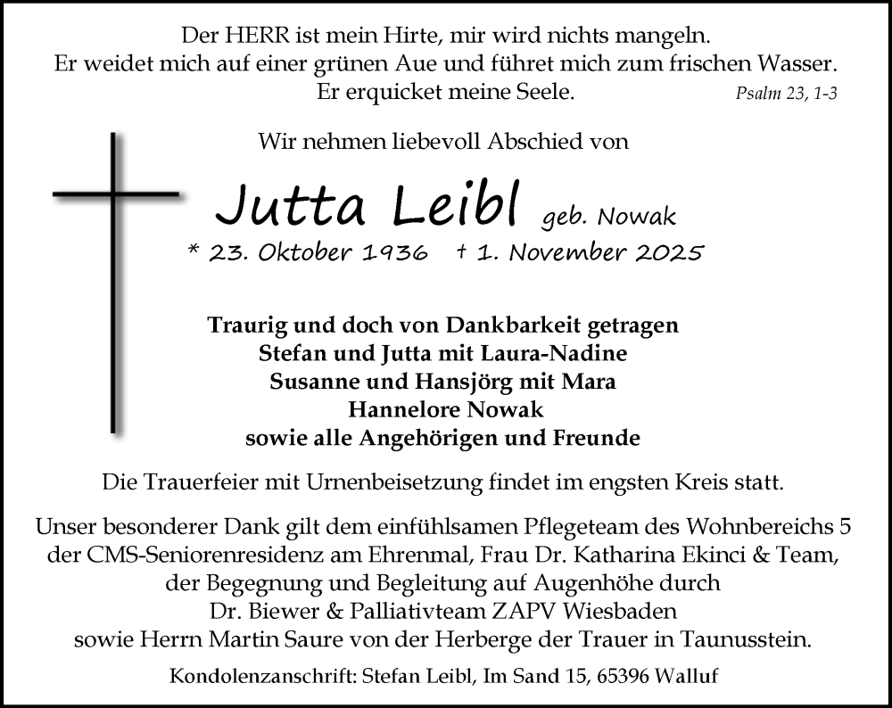  Traueranzeige für Jutta Leibl vom 08.11.2025 aus Wiesbadener Kurier
