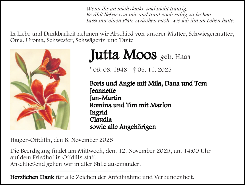  Traueranzeige für Jutta Moos vom 08.11.2025 aus Dill Block