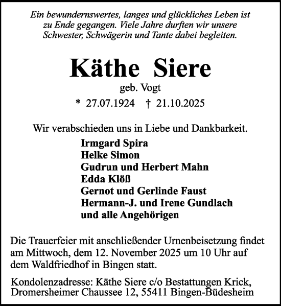 Traueranzeige von Käthe Siere von Allgemeine Zeitung Rheinhessen-Nahe