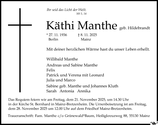 Traueranzeige von Käthi Manthe von Allgemeine Zeitung Mainz