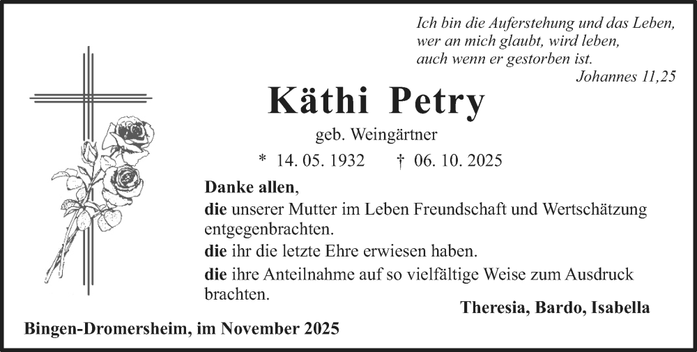  Traueranzeige für Käthi Petry vom 08.11.2025 aus Binger-/Ingelheimer Wochenblatt