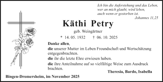Traueranzeige von Käthi Petry von Binger-/Ingelheimer Wochenblatt