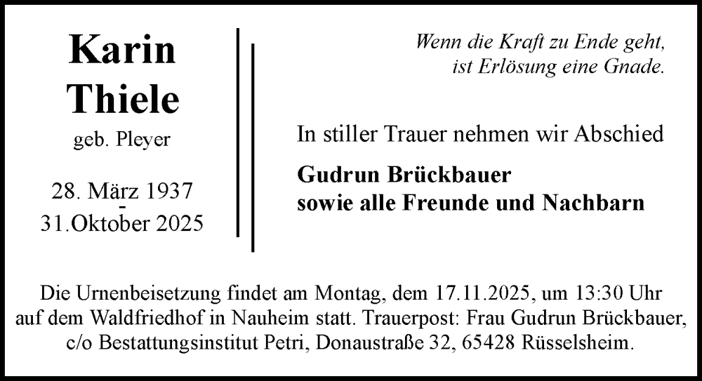  Traueranzeige für Karin Thiele vom 15.11.2025 aus Groß-Gerauer Echo