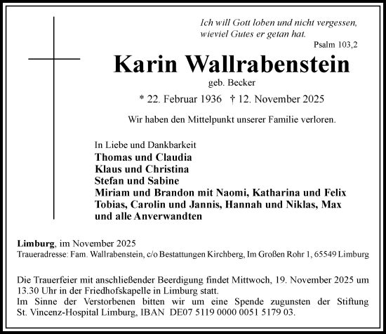 Traueranzeige von Karin Wallrabenstein von Nassauische Neue Presse