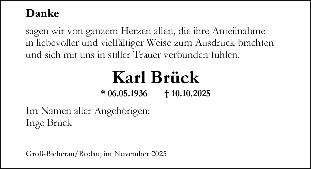  Traueranzeige für Karl Brück vom 29.11.2025 aus Darmstädter Echo