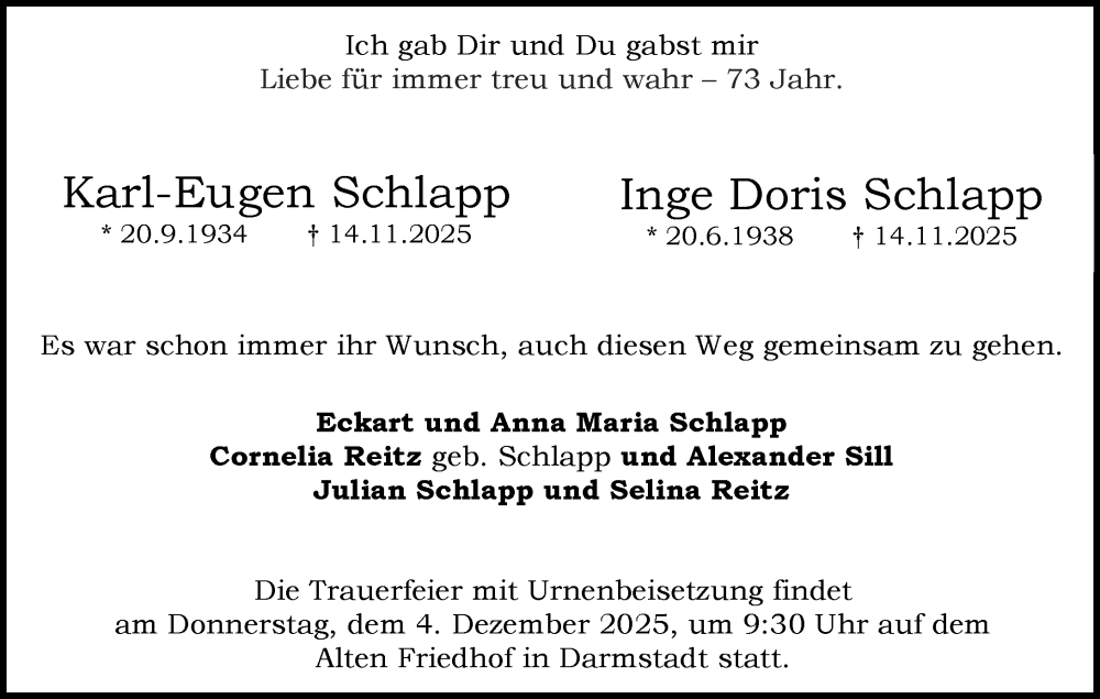  Traueranzeige für Karl-Eugen Schlapp vom 22.11.2025 aus Darmstädter Echo