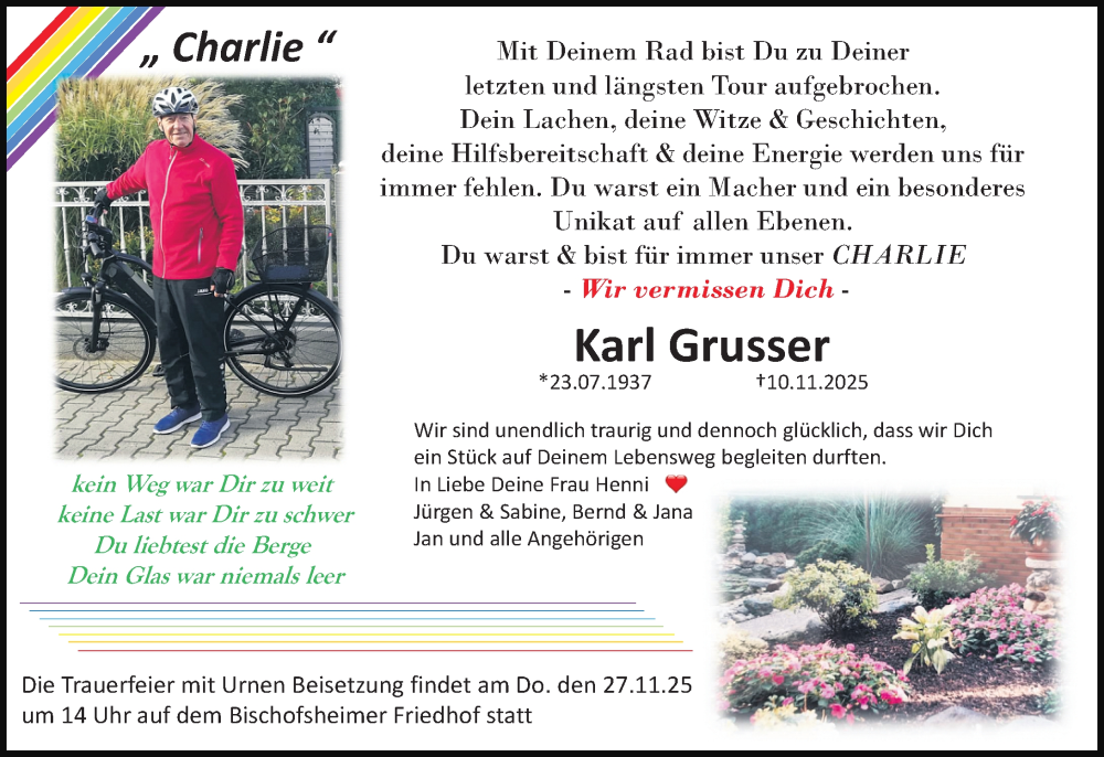  Traueranzeige für Karl Grusser vom 22.11.2025 aus Allgemeine Zeitung Mainz