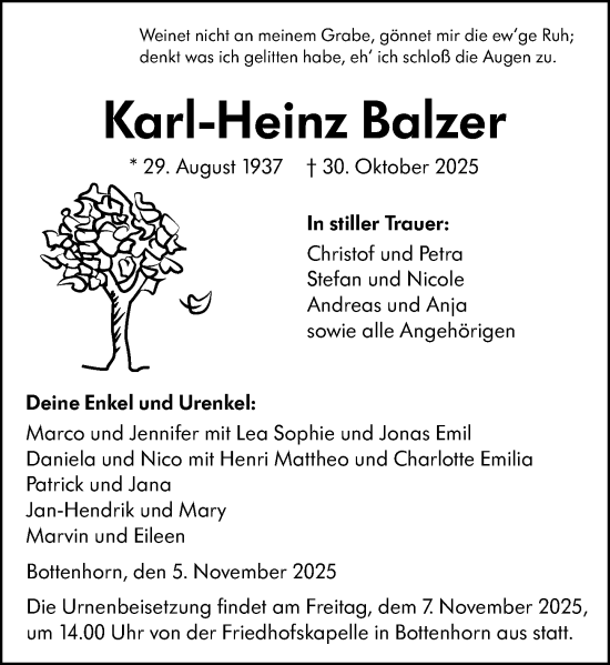Traueranzeige von Karl-Heinz Balzer von Hinterländer Anzeiger