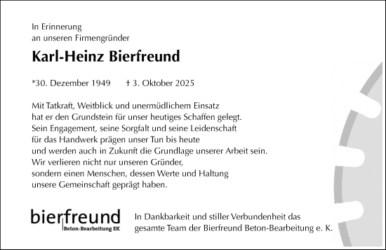 Traueranzeige von Karl-Heinz Bierfreund von Darmstädter Echo